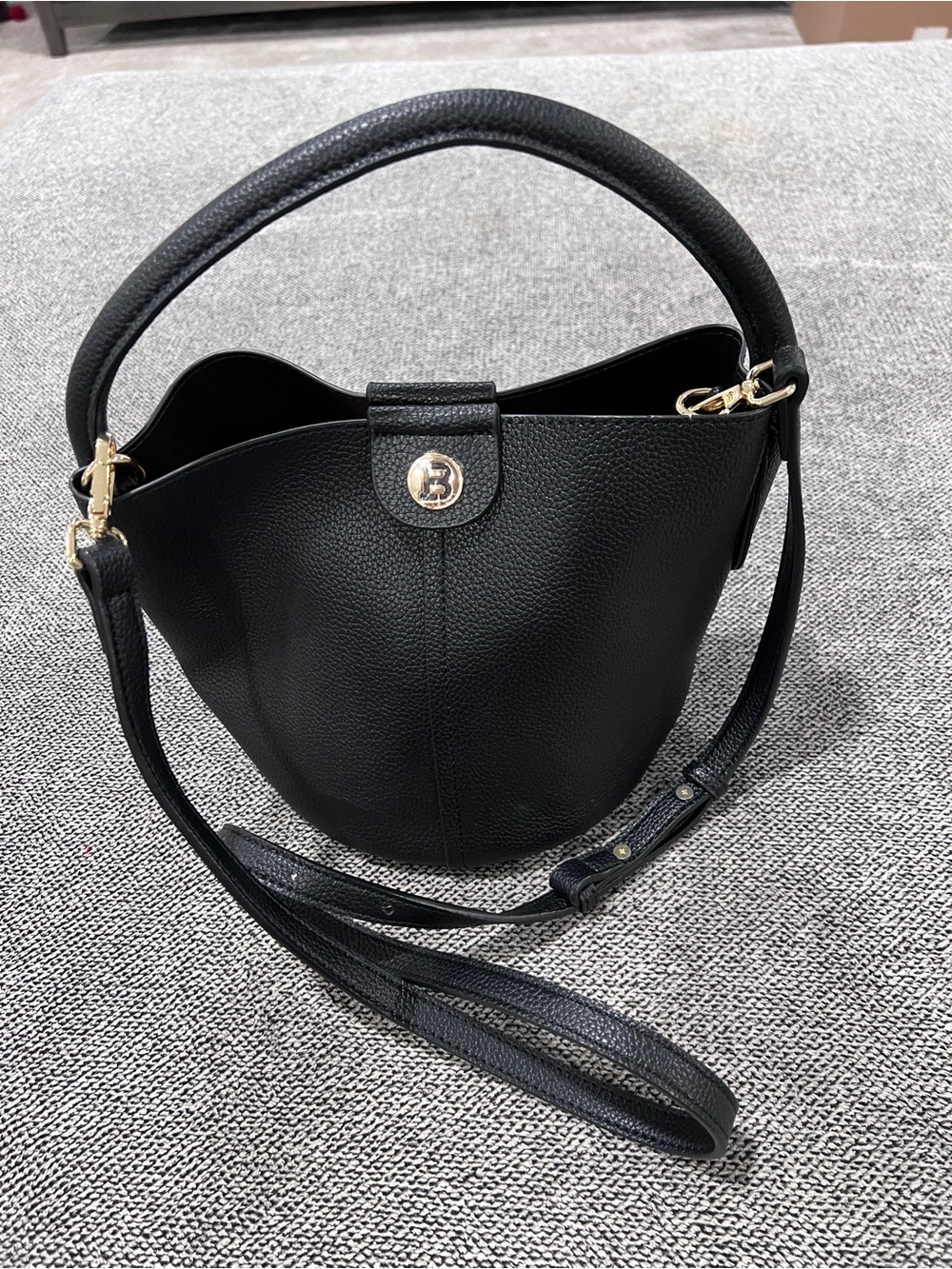 Black Leather Bucket Bag with Top Handle and Strap